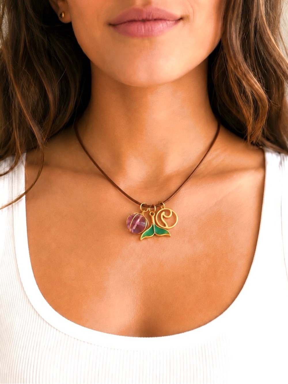 Handcrafted Brown Cord Necklace with Multicolor Gold Wrapped Fluorite